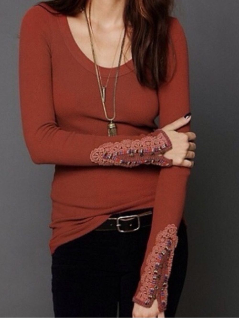 Free People Meadow Fiesta Cuff Thermal Top Crimson XS